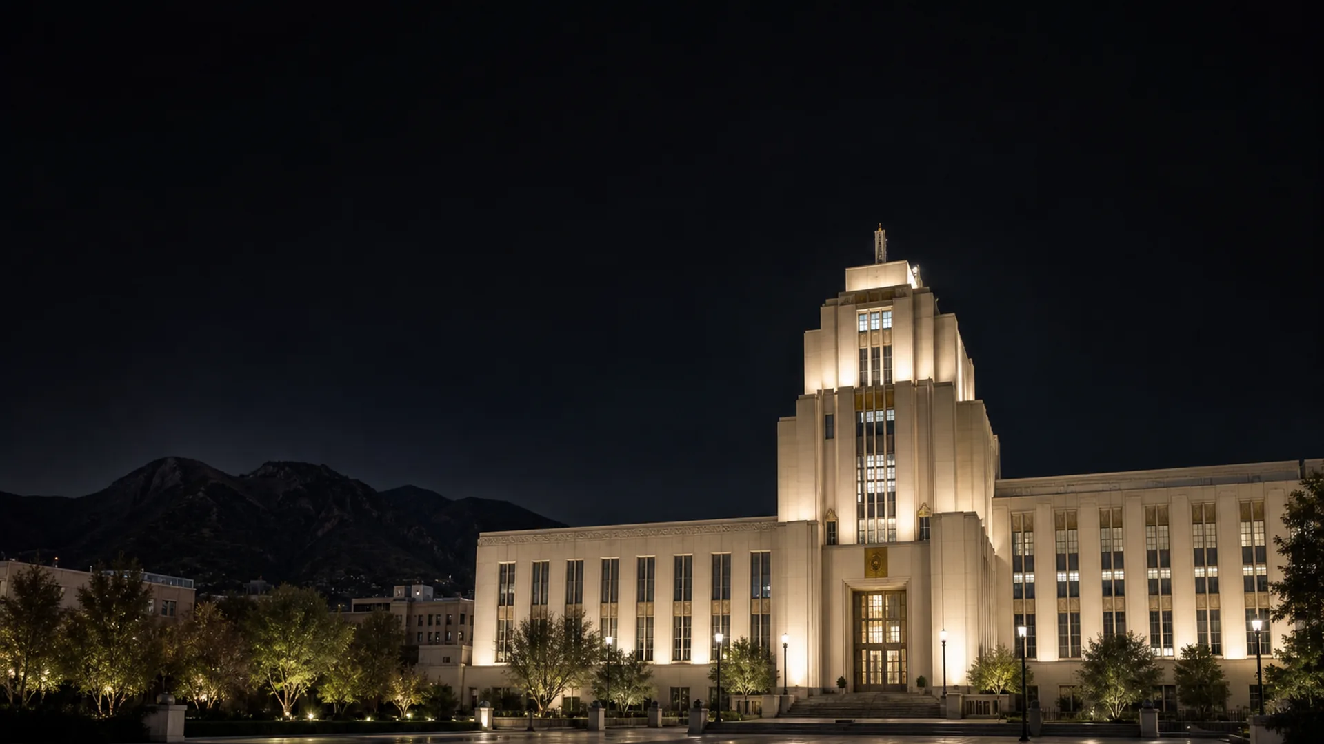 Burbank City Hall illuminated at blue hour with the Verdugo Mountains behind it.