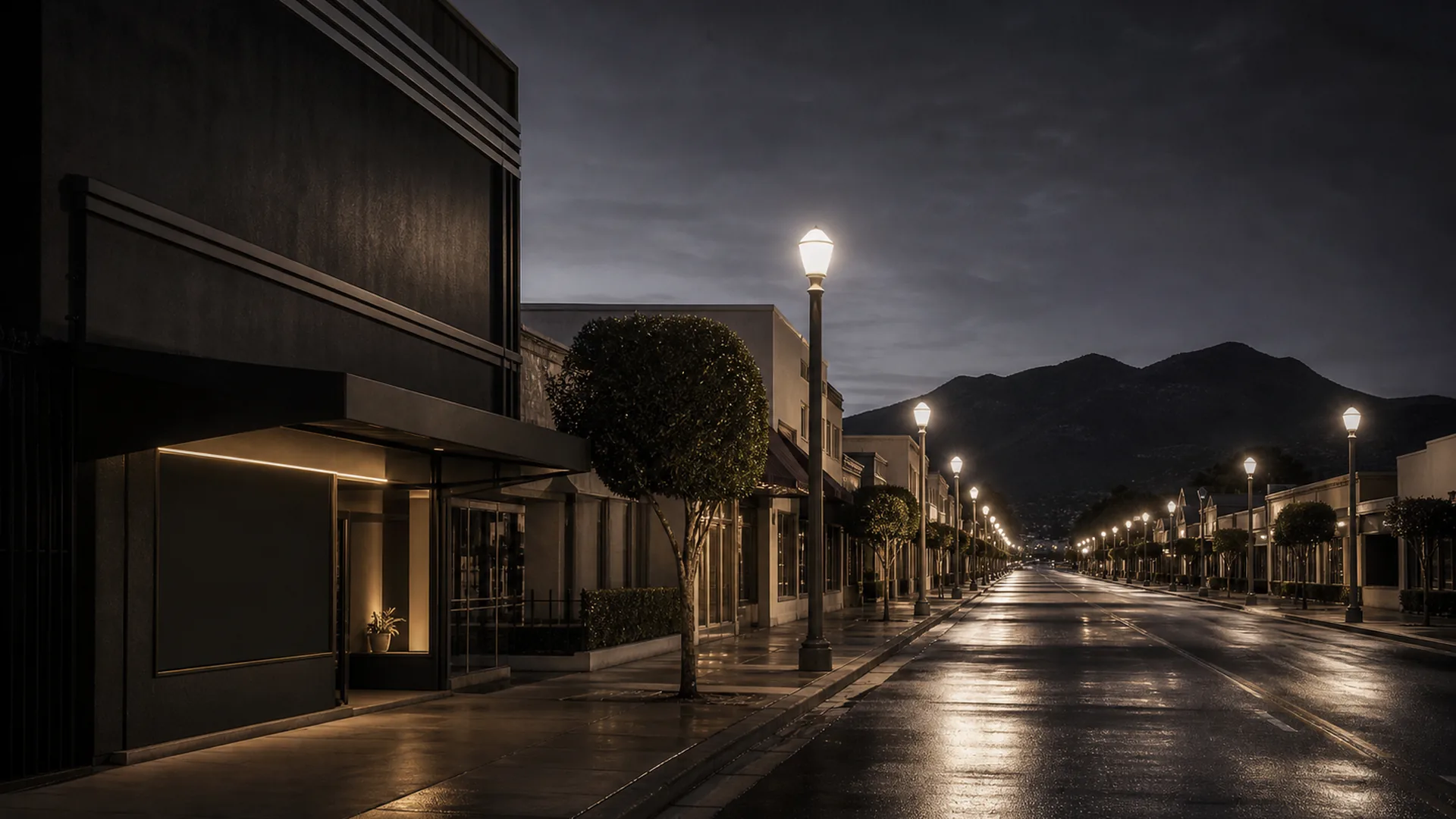 Magnolia Boulevard storefronts lead toward the Verdugo Mountains at blue hour.