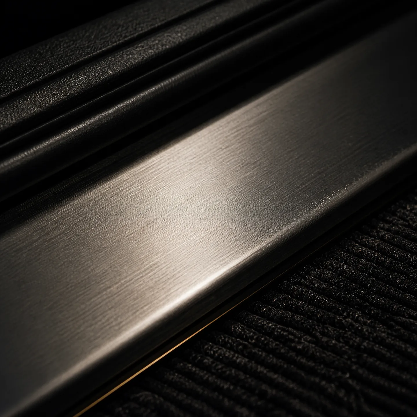 A brushed metal door sill plate between black door trim and ribbed carpet flooring.