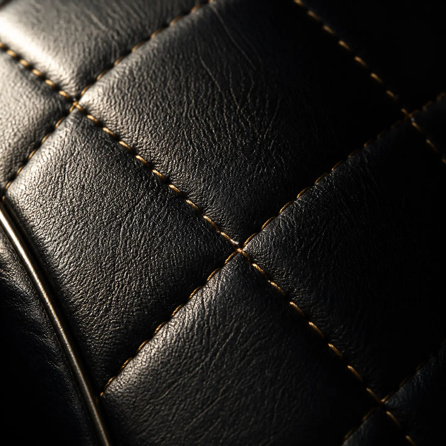 A close-up of black quilted leather upholstery with tan stitching forming a diamond pattern.