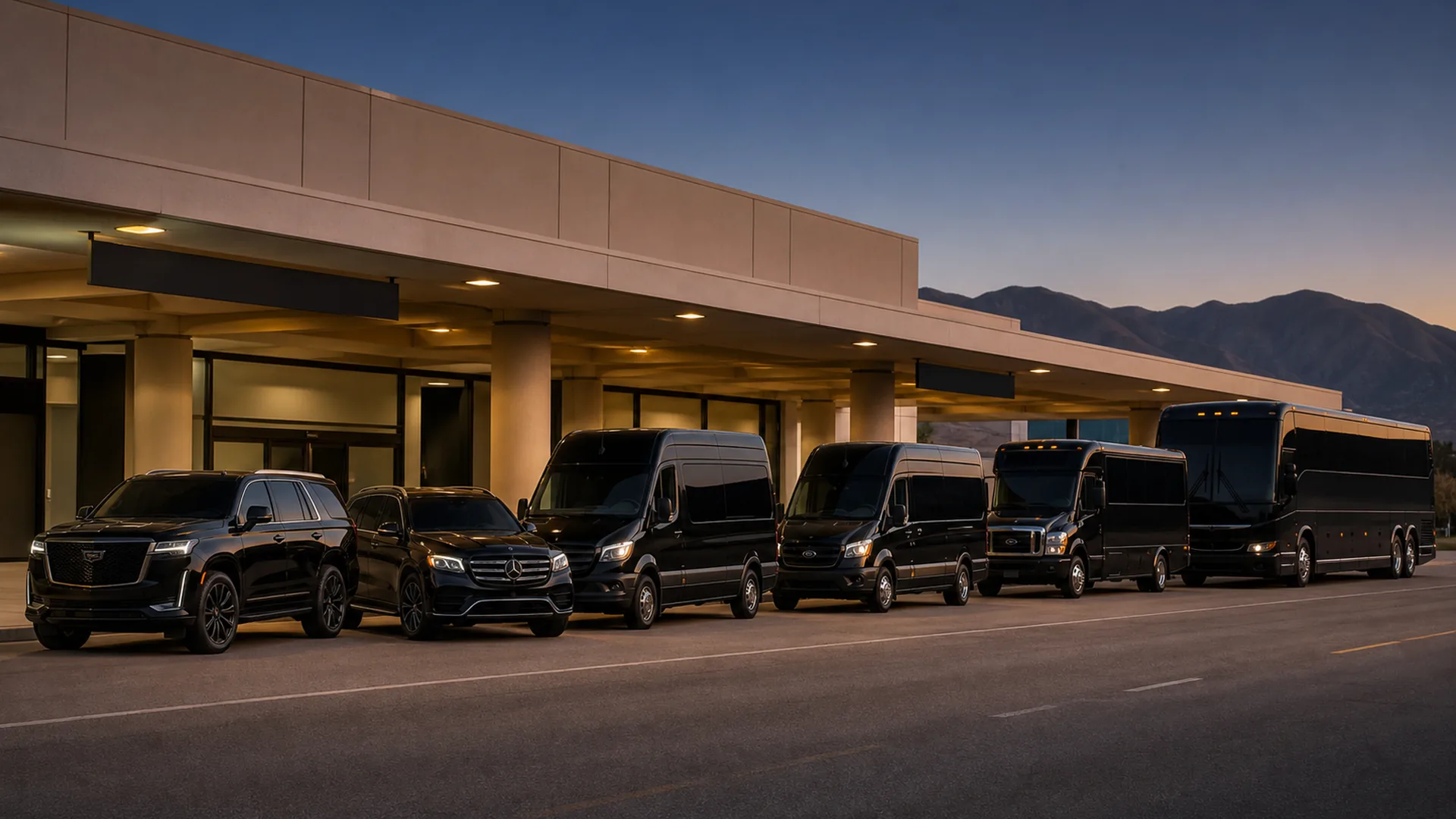 Six near-black Ride Lux vehicles lined up at Hollywood Burbank Airport