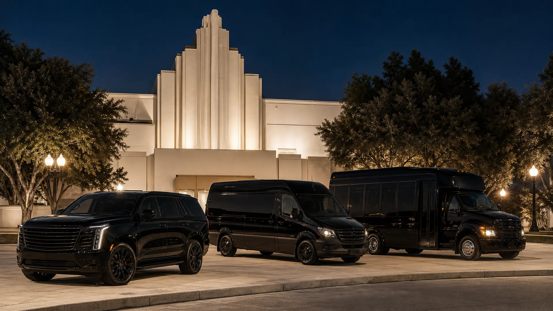 Three near-black Ride Lux vehicles arranged outside Burbank City Hall