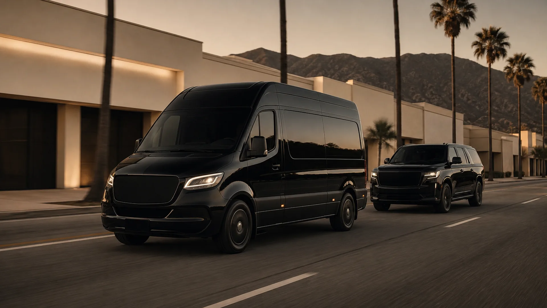 A near-black van and SUV traveling together along Olive Avenue in Burbank