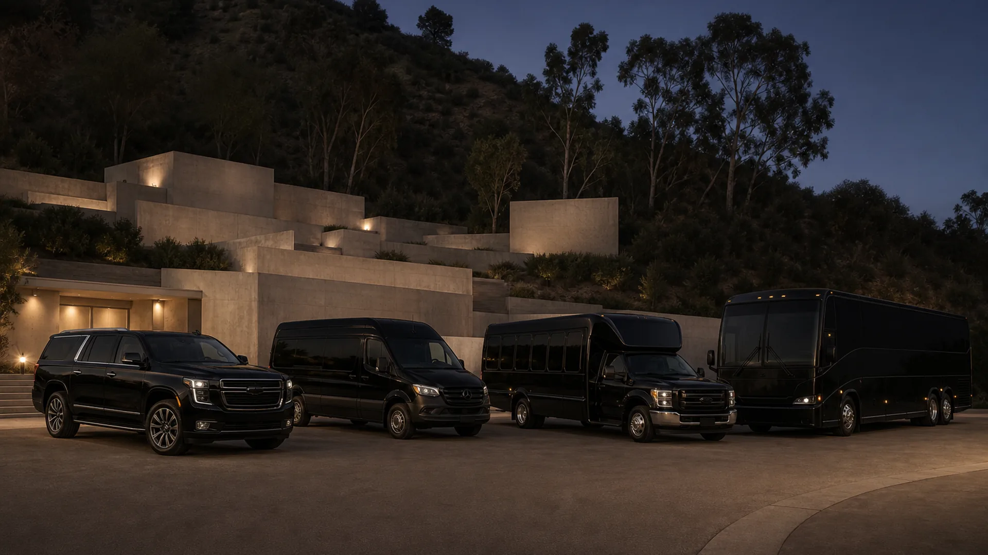 Four near-black Ride Lux vehicles parked at the Starlight Bowl approach in Burbank