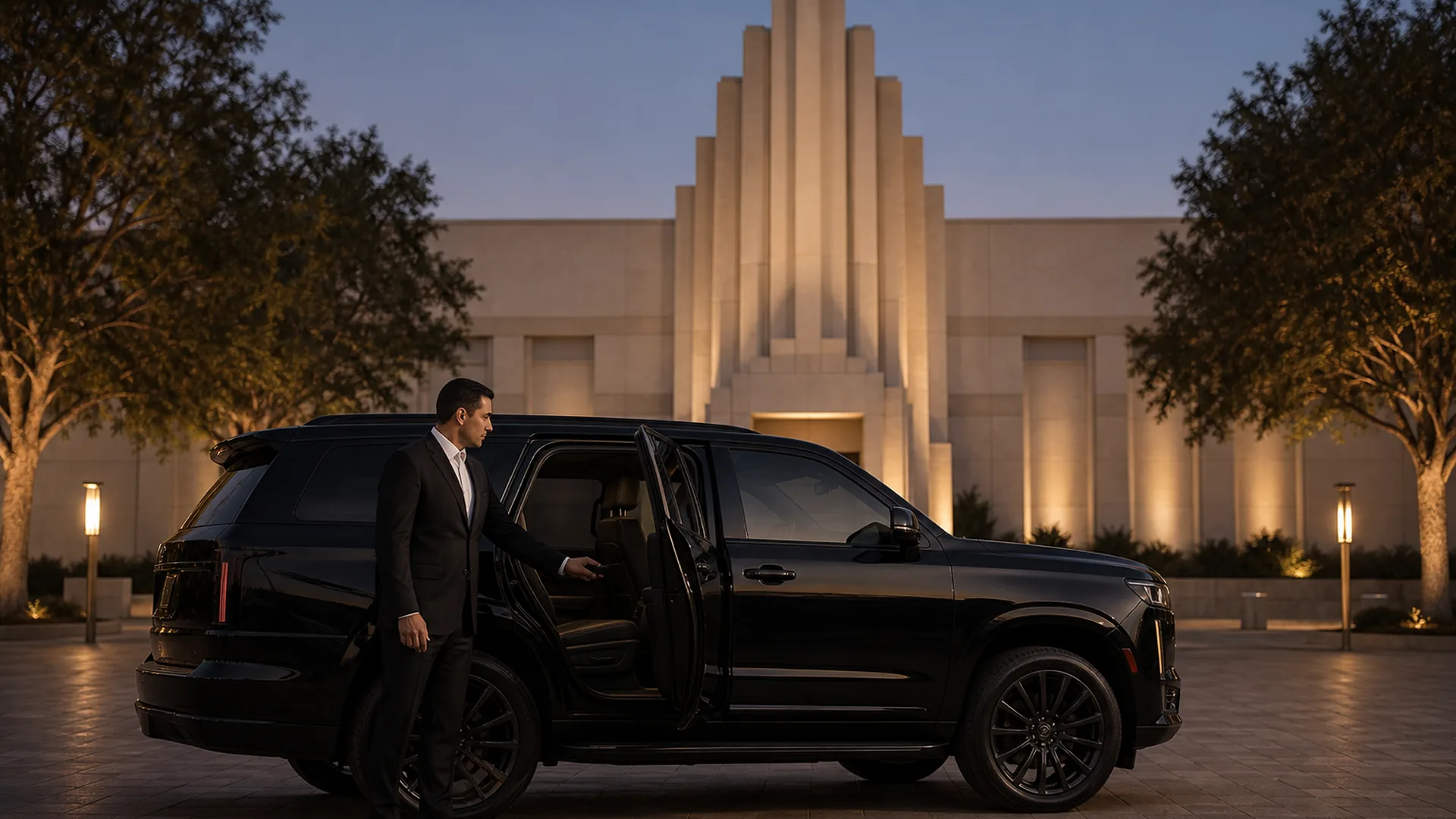 A Ride Lux chauffeur opens an SUV door outside Burbank City Hall