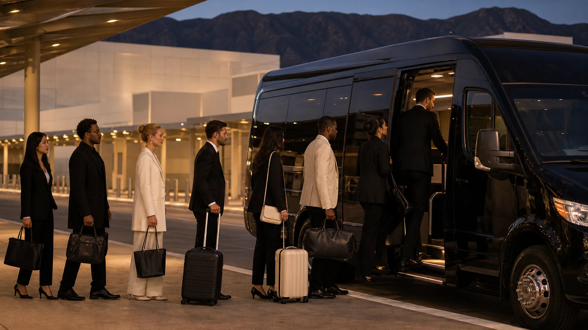 Eight colleagues board a near-black shuttle at Hollywood Burbank Airport