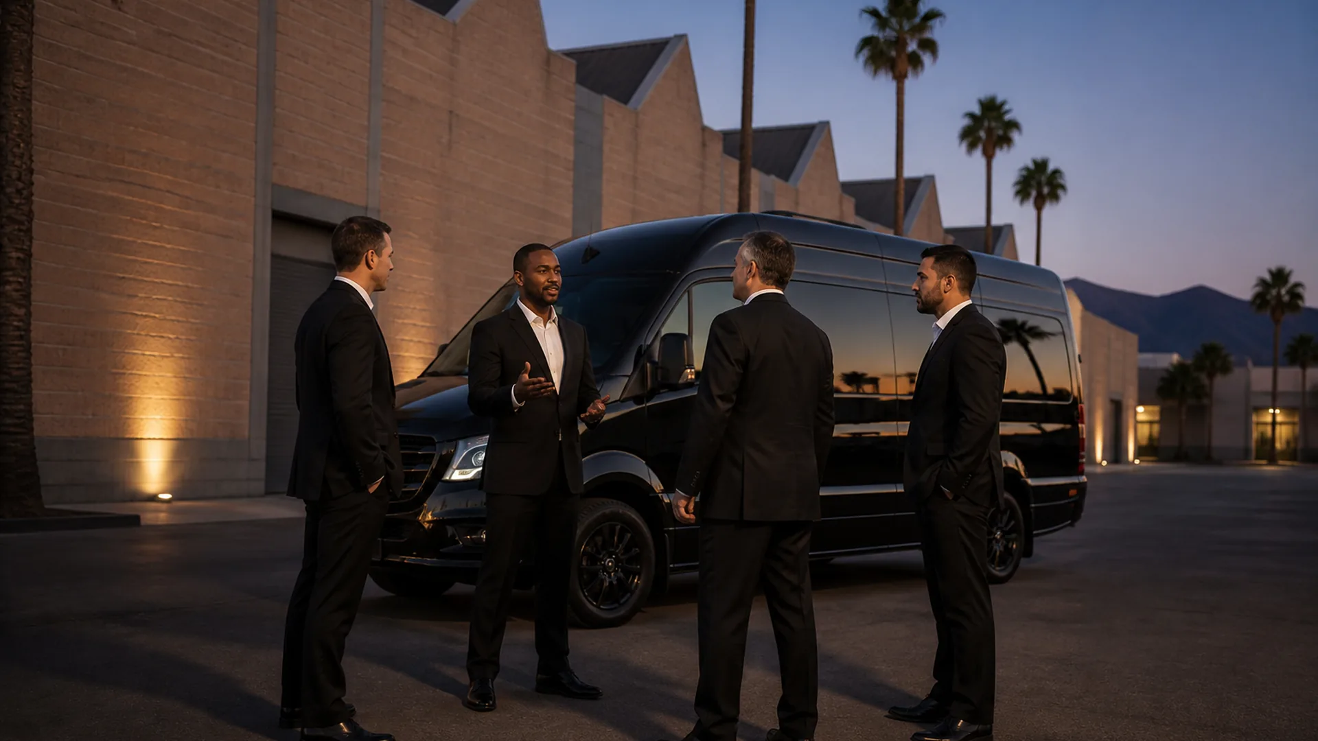 Four Ride Lux chauffeurs confer beside a van in Burbank's Media District