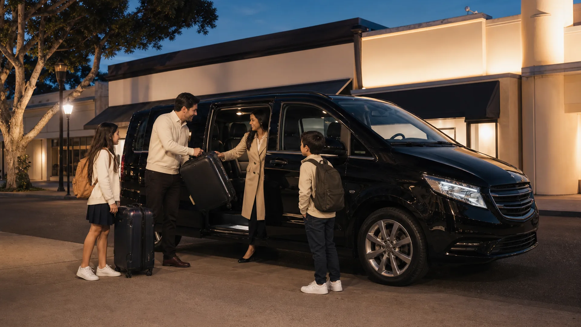 A family loads luggage into a near-black van in Burbank's Magnolia Park