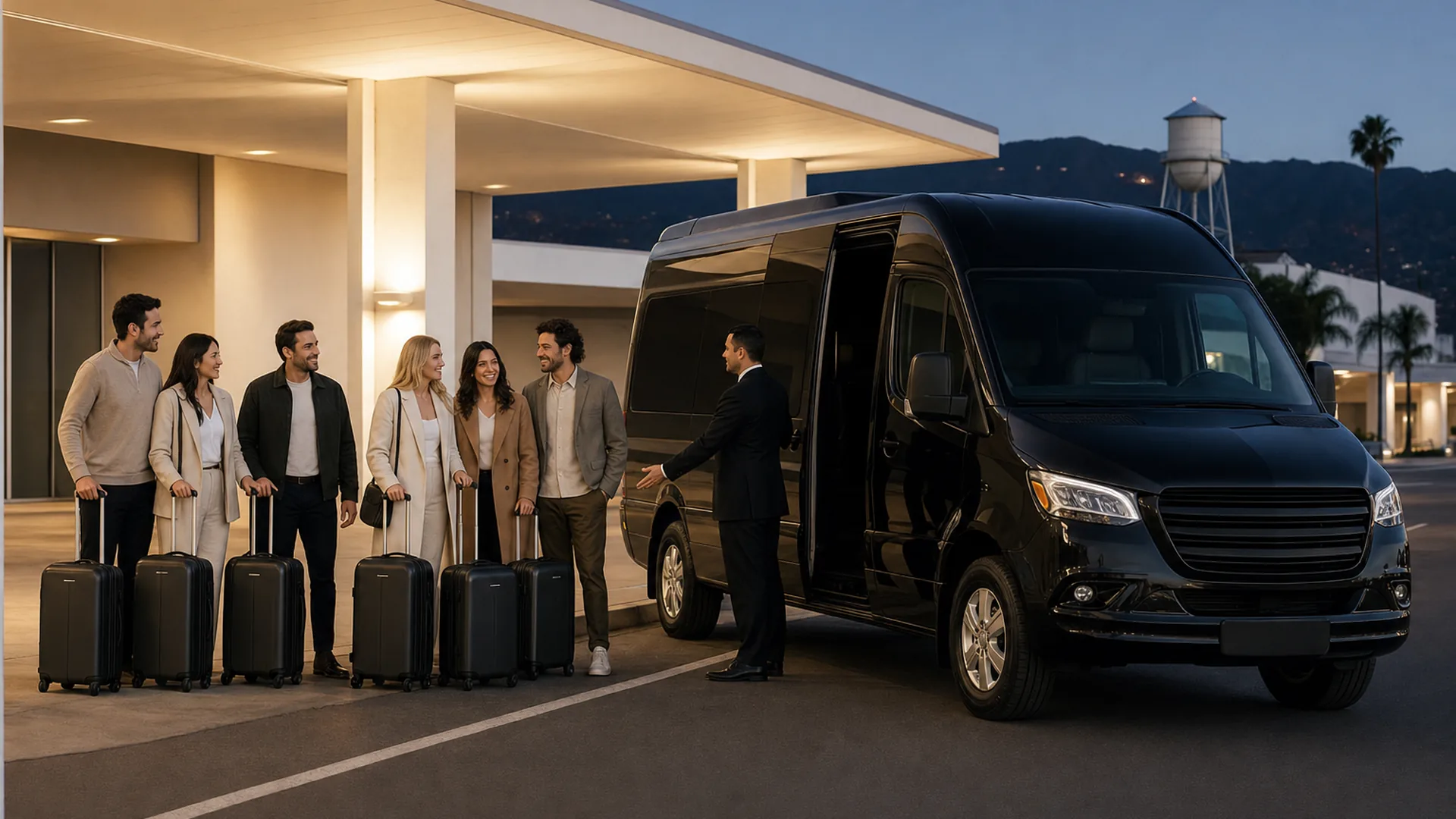 A group meets a near-black shuttle at Hollywood Burbank Airport