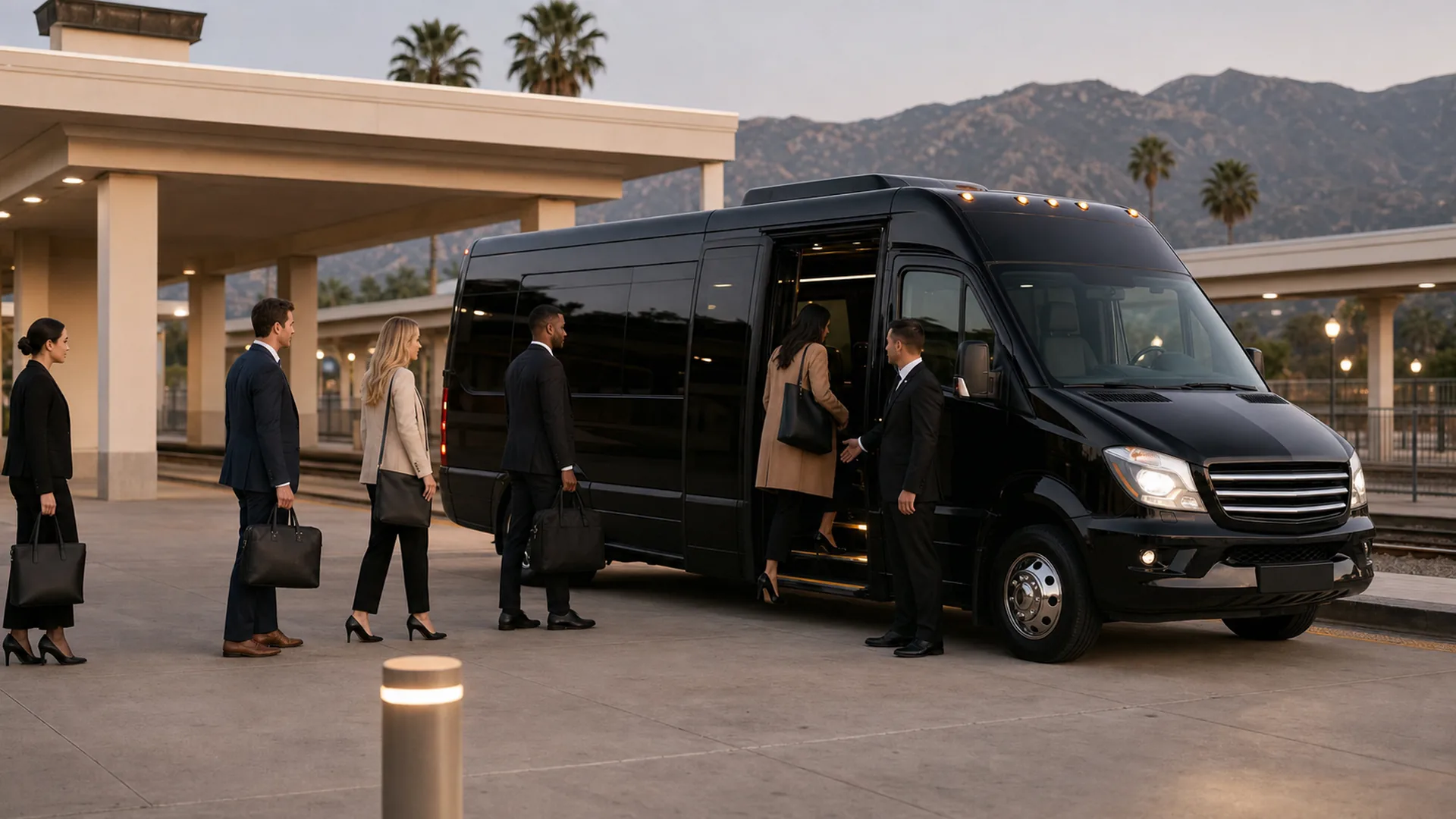 Commuters board a near-black shuttle near downtown Burbank