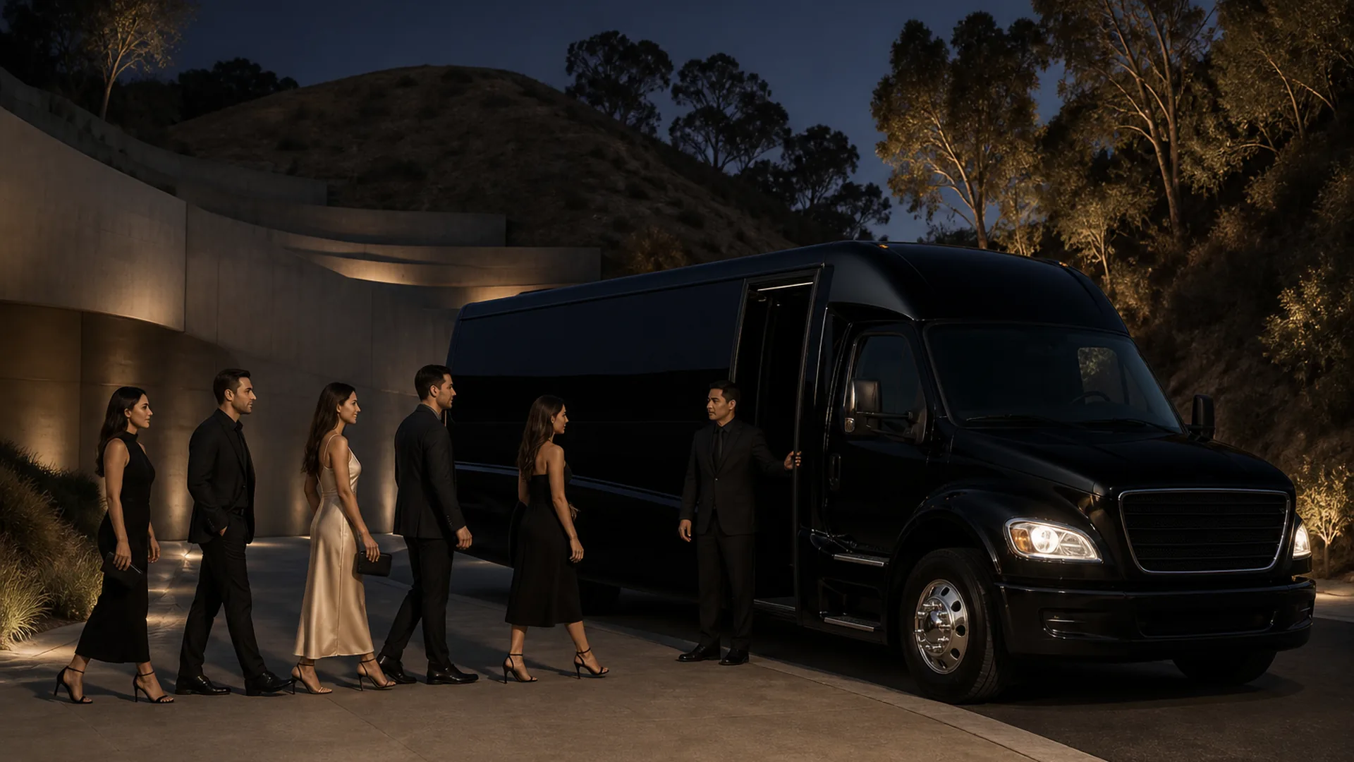 Guests board a near-black event shuttle at the Starlight Bowl approach