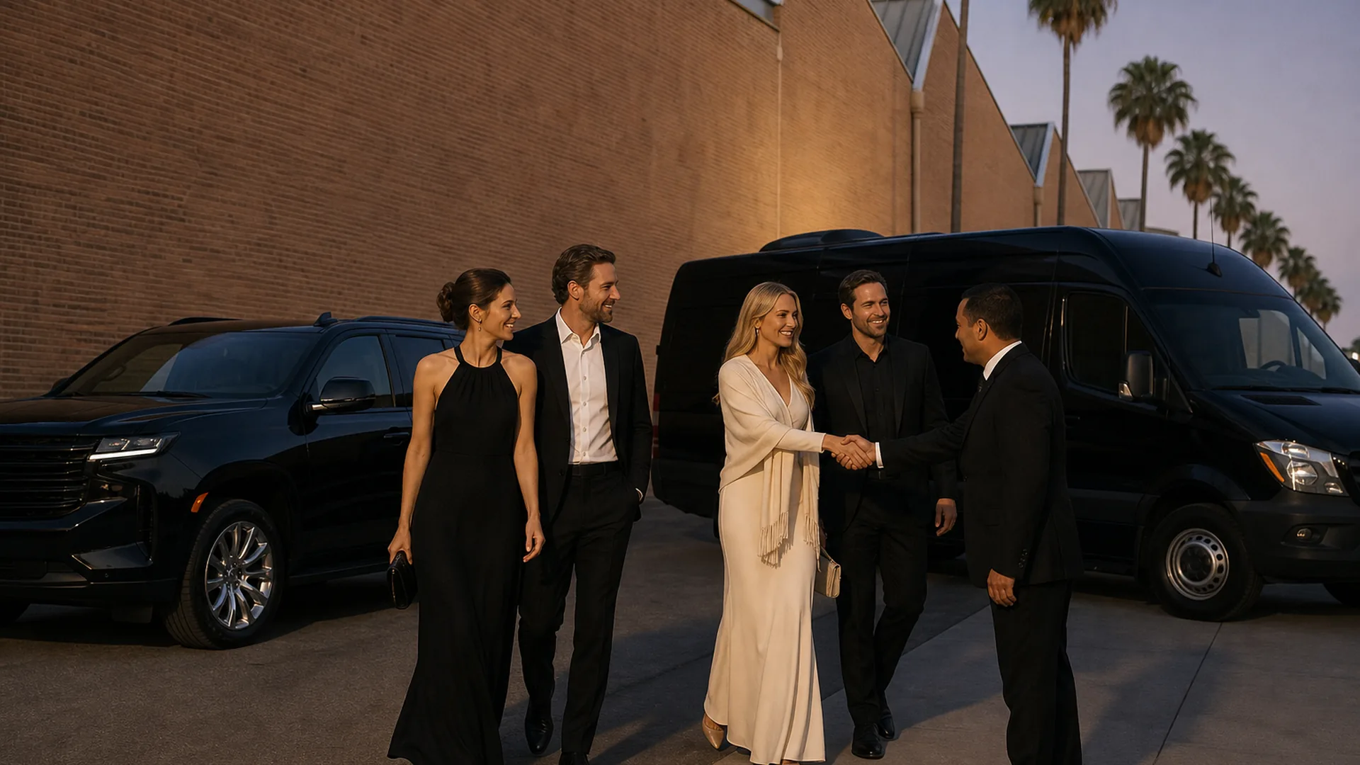 Event guests arrive beside near-black vehicles in Burbank's Media District