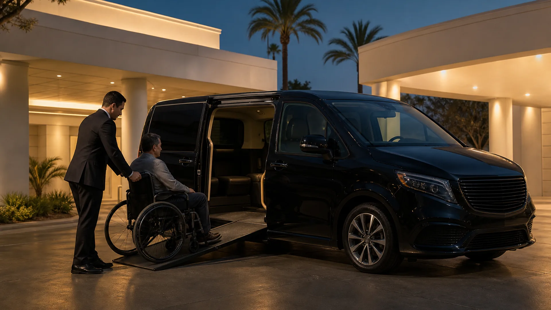 A chauffeur assists a passenger beside an accessible van at a Burbank medical center