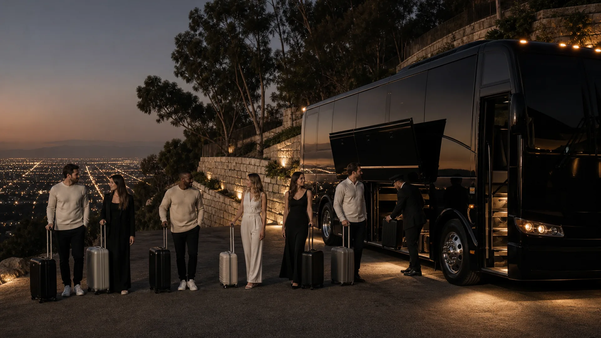 Travelers prepare a near-black motorcoach at a hillside overlook above Burbank