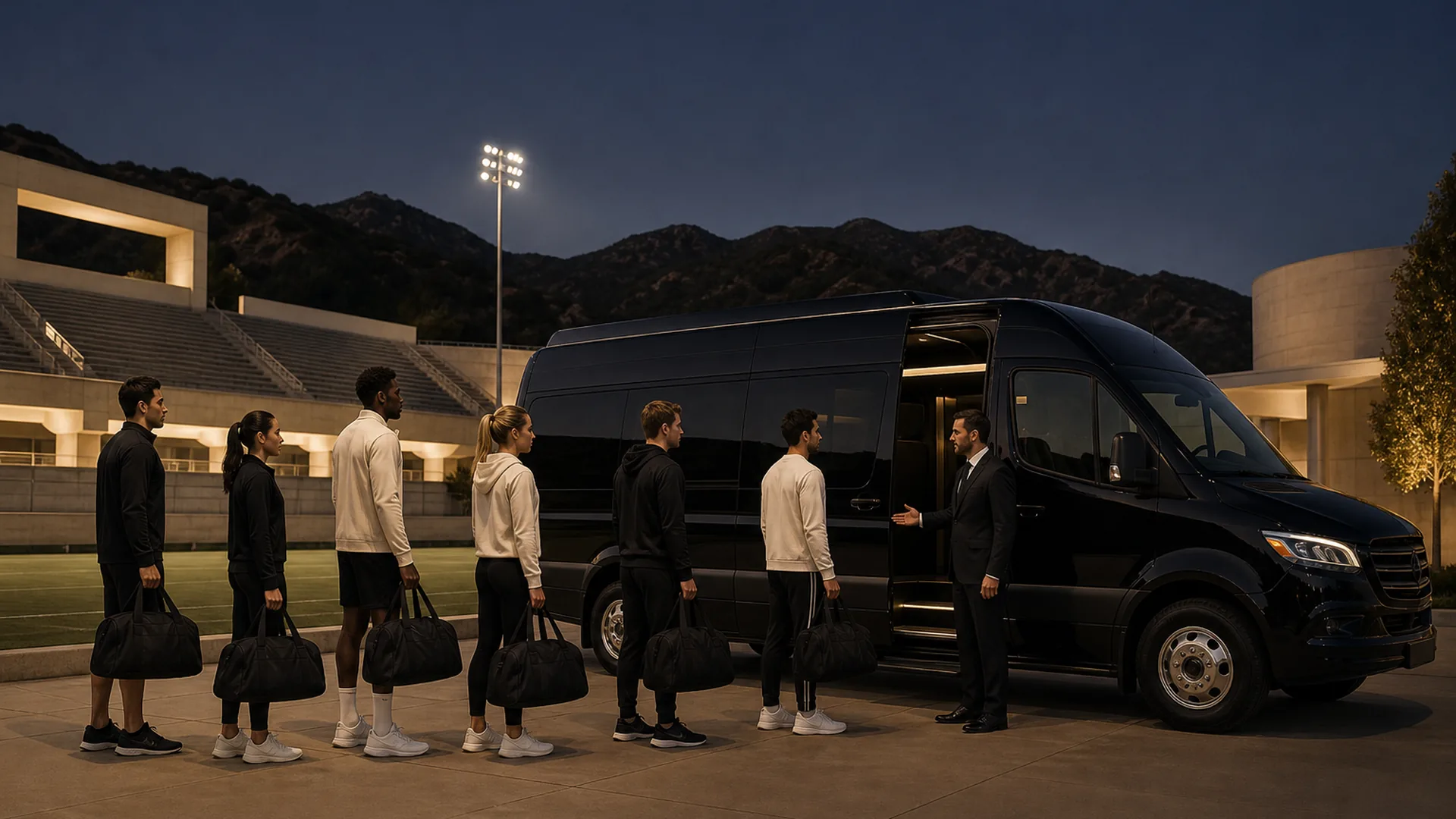 A team loads gear into a near-black shuttle beside Memorial Field in Burbank