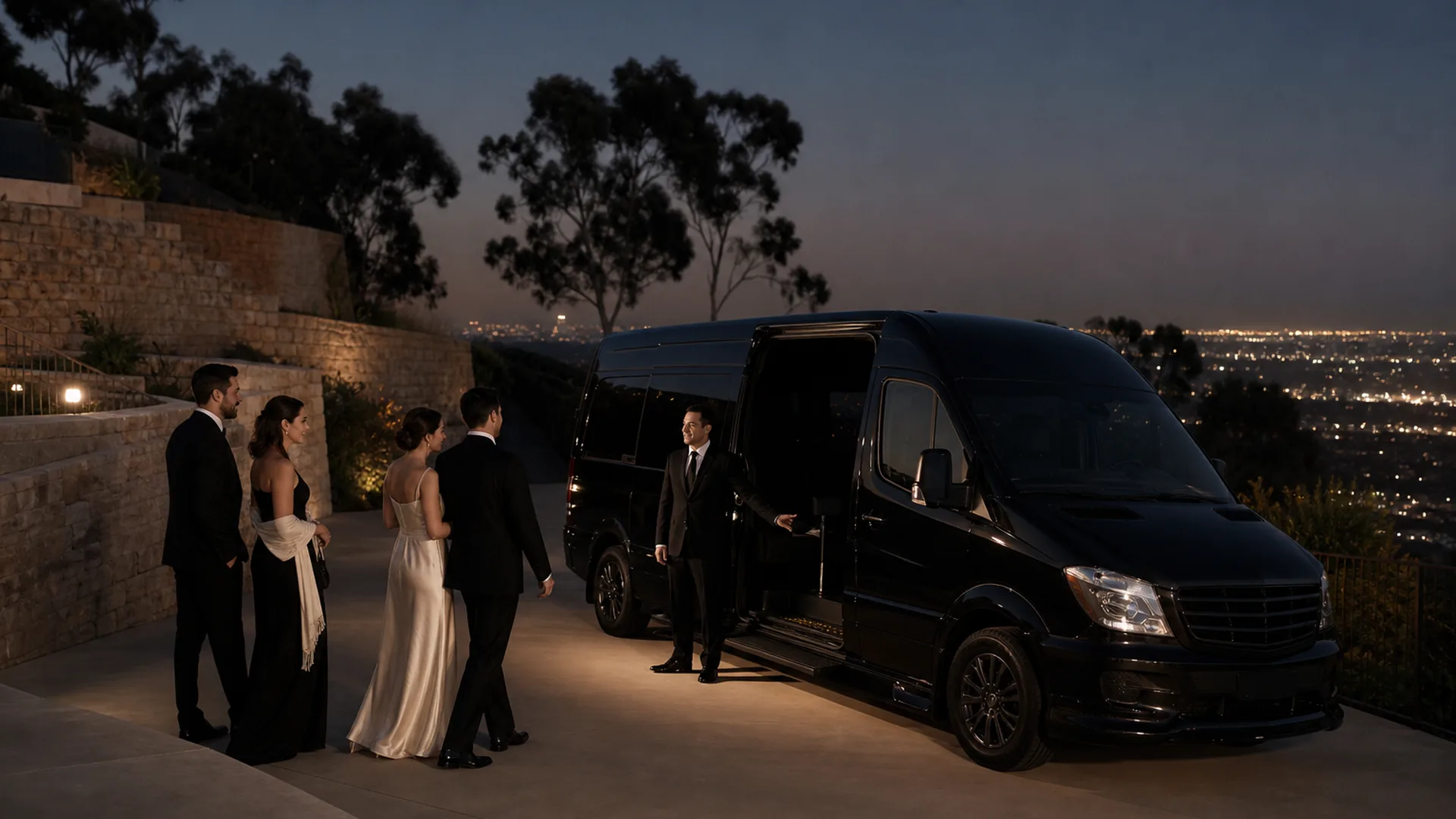 A wedding party meets a near-black van at a hillside venue above Burbank